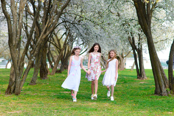 Naklejka na ściany i meble Three adorable girls in dresses hold hands in the garden, park.