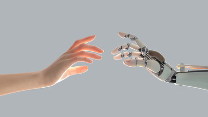 hands of a robot and a man tend to one another - obrazy, fototapety, plakaty
