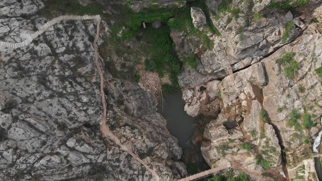 Roman construction. 1st century Roman dam in Spain, Almonacid de la Cuba, Zaragoza, aerial view drom 4K
