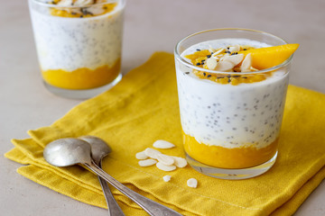 Yogurt in a glass with mango, chia and almonds. Healthy eating. Vegetarian food. Recipe. Breakfast. Diet.