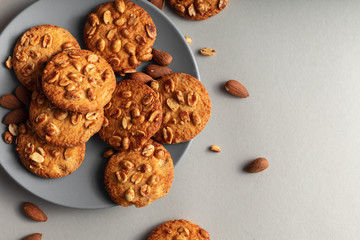 Biscuits on a plate top view. White background and copy space. Vkusnoe biscuits for Breakfast in the plate.