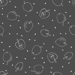 Seamless pattern with white apples and seeds on dark grey background. Linear hand drawing. Digital paper for scrapbooking, child creativity, gift packaging