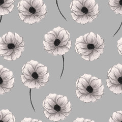Beautiful poppies isolated on white background. Floral seamless Pattern. Summer backdrop.Can be used for textile,wallpaper,print,web design, fabric, wrapping paper.Hand drawn illustration. Gray colors