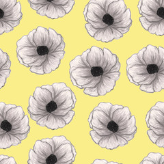 Beautiful poppies isolated on yellow background. Floral seamless Pattern. Summer backdrop.Can be used for textile,wallpaper,print,web design, fabric, wrapping paper.Hand drawn illustration. Gray color