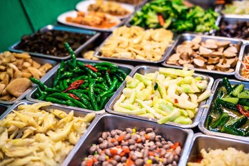 Side dishes sold at night markets in Asia