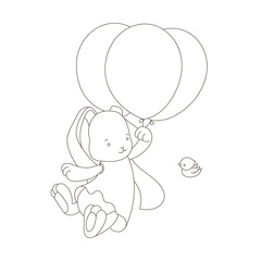 Children's coloring book with cartoon animals. Educational tasks for preschool children cute rabbit on the air balloon and the bird that flies next to him. Linear drawing for kids 