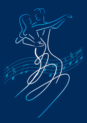 



Balroom Dancers Couple with musical notes. 
Line art stylized illustration of couple dancing ballroom dance on blue background. Vector available.