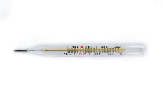 Mercury thermometer showing normal body temperature of 36.6 degrees Celsius on a white background. Recovery. Isolate