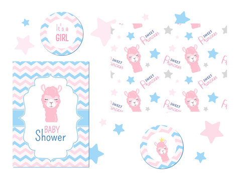 The cute llama is pink. Baby shower. Pastel colors on a white background. Greeting card for newborns vector template. Wallpaper, pattern lama and the inscription sweet princess with stars.