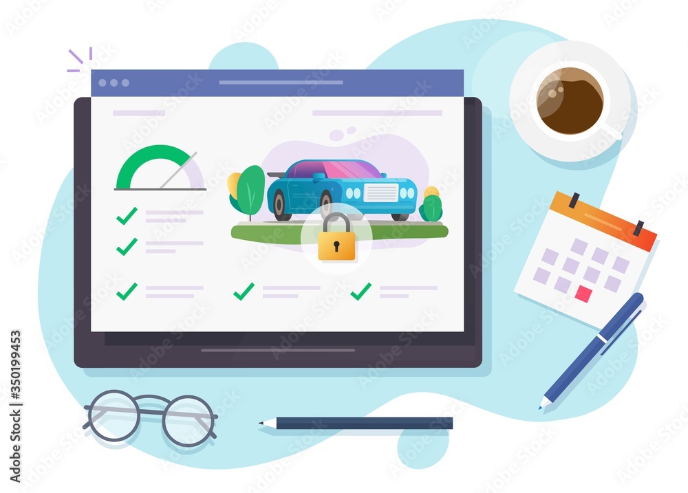 Poster automobile monitoring security lock app online system on computer device or digital tablet connected