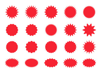 Set of star burst stickers. Vector starburst price tag icon. Set badge shape. Sale promo pricetags. Red badges isolated on white background. Round sun splash in simple design. Wave vignette.
