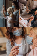 Fototapeta premium Collage of mother and daughter in medical masks standing near window, holding thermometer and pills at home