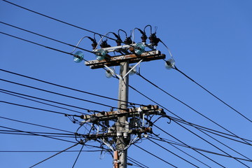 Despite many power lines a manageable tangle on this power pole, close up