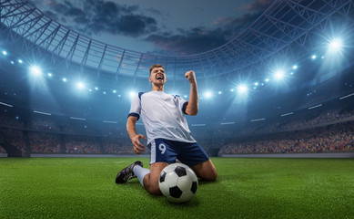 Soccer player celebrates a victory on the professional stadium . Stadium and crowd are made in 3D.