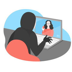 Online date with fraud, virtual crime. Silhouette of Cartoon cyber thief stealing private data from laptop. Online protection from hacker and spy