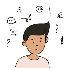 Man thinks how to earn concept. Financial crisis. Young unemployed person face. Question of business career. Poor guy dream to be businessman. Plan to earn money in future. Cartoon vector illustration