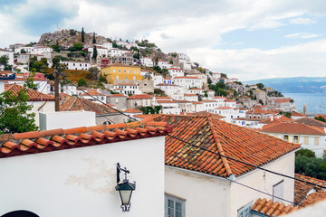 Hydra, Attica / Greece - June 6, 2010: Traditional Mediterranean houses on a hilltop