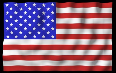 Naklejka premium Waving flag of the United States of America on a dark background. Stars and Stripes. State symbol of the USA. 3D illustration