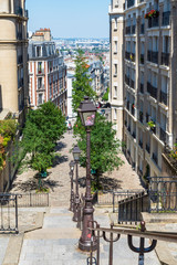 Typical staircase with streetlamps on Montmartre hill- Paris, France