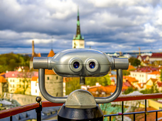 The observation deck of Tallinn. Selective focus on binoculars.