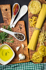 Various pasta and spices for Italian cooking
