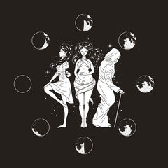 Three women figures, symbol of Triple goddess as Maiden, Mother and Crone, moon phases. Hekate, mythology, wicca, witchcraft. Vector illustration - 350203419