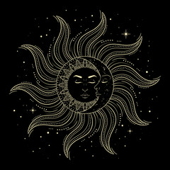 Sun and moon with man and woman faces on black background, vintage mystic symbol art. Vector illustration