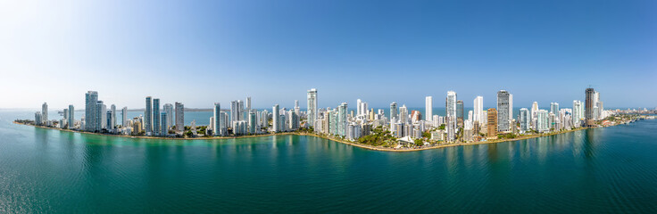 Aerial panoramic view of Castillogrande and Bocagrande prestigious beach district in Cartagena city.