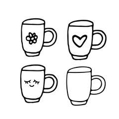 Cute cup with eyes Hand drawn in doodle style. set of elements vector graphics Scandinavian hygge cozy monochrome minimalism simple. dishes, tea, coffee, cocoa, home, comfort, cafe. design icon, card