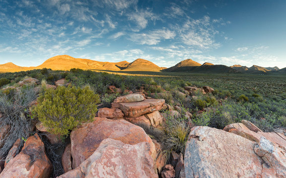 Wide angle panoramic view over the plains of the karoo just outside touwsrivier in the western cape of south africa