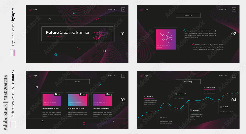 Aufkleber digital abstract minimal black web design four screen template. stylish custom and individual set of