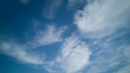 Wide,light blue sky with white air clouds stretching away into distance on beautiful bright sunny day.Horizontal banner,texture or abstract backdrop for text,blog,design,agency,website,pattern,model