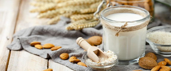 Fresh vegan alternative milk in big glass. Closeup wooden background. Healthy vegetarian food, delicious low calorie drink. Almond, hazelnut, oatmeal, rice to illustrate raw ingredients. Banner
