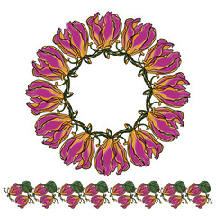 Round tight wreath of flowers with leaves. For festive decoration of cards, invitations. Vector floral ornament.