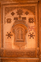 Carved sandstome window, Mandir Palace,  residence of the rulers of Jaisalmer for 2 centuries,  Jaisalmer, Rajasthan, India