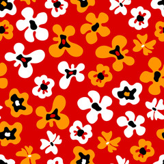 Large colorful white and orange bold flowers on red, seamless pattern, vector