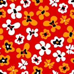  Grote kleurrijke witte en oranje gewaagde bloemen op rood, naadloos patroon, vector © natalyon