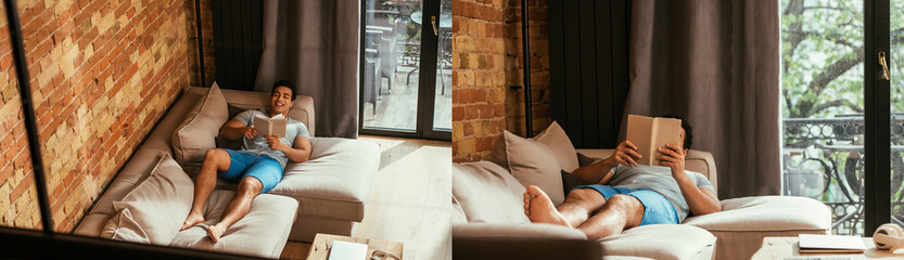 Obraz premium collage with mixed race man reading book while chilling on sofa during self isolation, horizontal concept