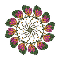 Round tight wreath of flowers with leaves. For festive decoration of cards, invitations. Vector floral ornament.