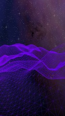 Abstract ultraviolet landscape on a dark background. Purple cyberspace grid. hi tech network. Outer space. Violet starry outer space texture. 3D illustration