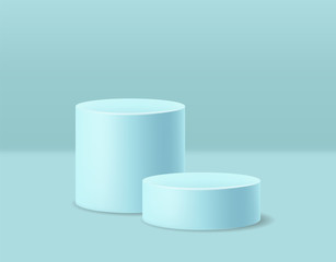 Realistic geometric forme scene, blue background, minimal forme isolated, abstract banner, cylinder 3d vector illustration