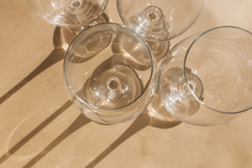 many clean wineglasses , professional equipment 