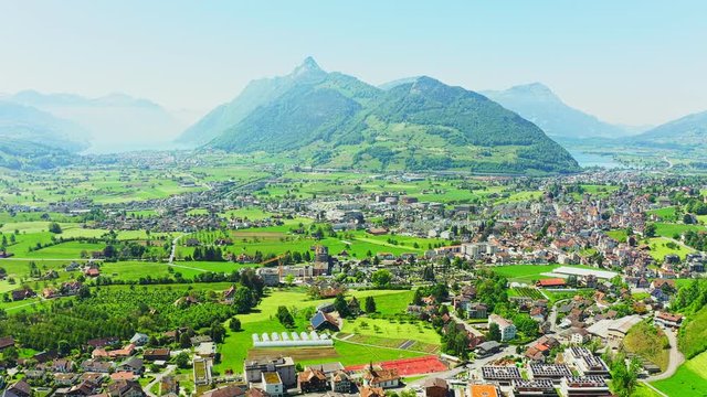 Panorama of  canton Schwyz. Central Switzerland. Alps mountains Rigi. City Schwyz. Lake Lucerne. Aerial view. Copter Cinematic video.