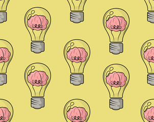 Naklejka premium pattern, light bulb with a brain inside, yellow background, flat illustration, vector illustration, vector, minimalism, graphics 