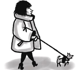 cute funny woman walking with small dog isolated on white