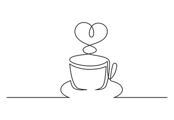 Continuous one line cup with heart shape steam. Hand drawing art breakfast theme with linear cup and plate for logo. Simple sketch design isolated on white background. Vector illustration