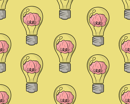 pattern, light bulb with a brain inside, yellow background, flat illustration, vector illustration, vector, minimalism, graphics
