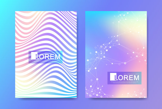 Modern template design for a cover, posters, report, brochure, flyer, leaflets. 3D lines optical illusion covers with glitched forms and geometric shapes. Futuristic science and technology design.