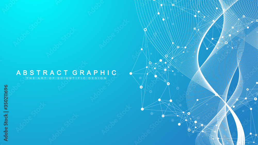 Fototapete Abstract scientific background with dynamic particles, wave flow. Plexus stream background. 3D data visualization with fractal elements. Cyberpunk style. Digital vector illustration