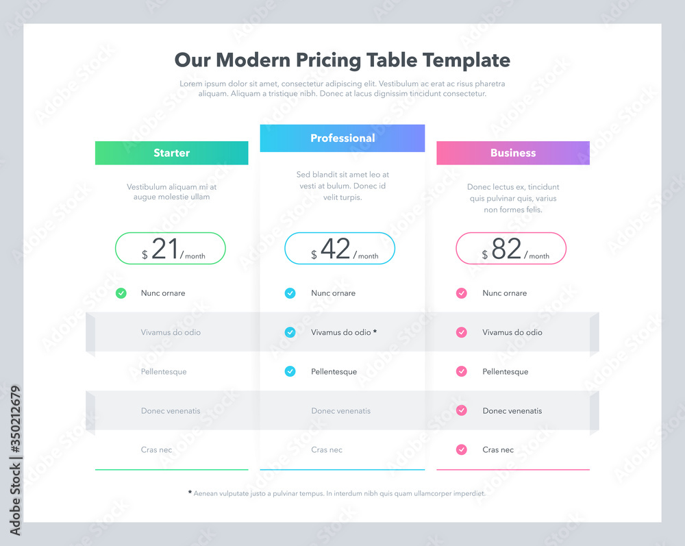 Wall mural Modern pricing comparison table with three subscription plans and place for description. Flat infographic design template for website or presentation.	